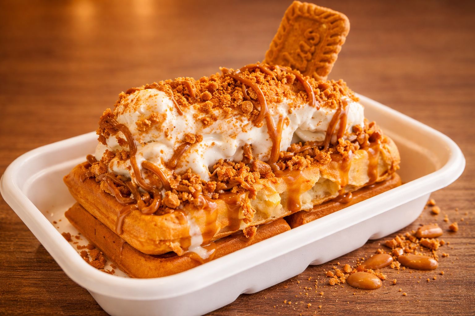 Biscoff waffle loaded with Biscoff spread and ice cream — Food To Go Tauranga